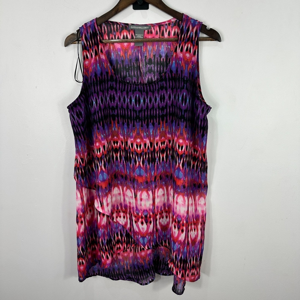 Kate & Mallory Tank Top 1X Multicolor Ikat Pink Purple Statement Boho Festival